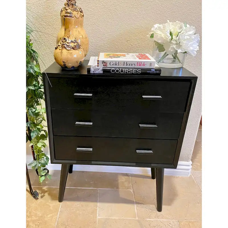 Black 3-Drawer Mid-Century Modern Chest, 24"W x 12"D x 28"H
