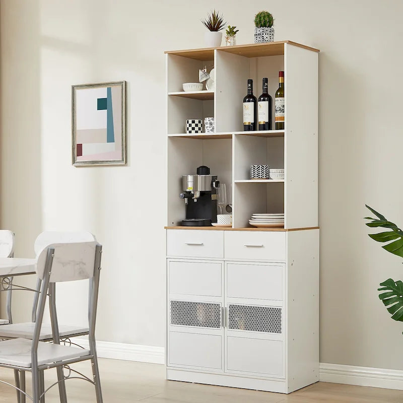 White Kitchen Hutch Cabinet with 2 Drawers & 6 Open Shelves