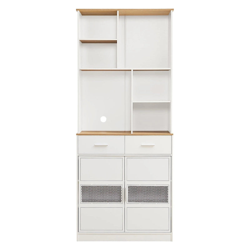White Kitchen Hutch Cabinet with 2 Drawers & 6 Open Shelves