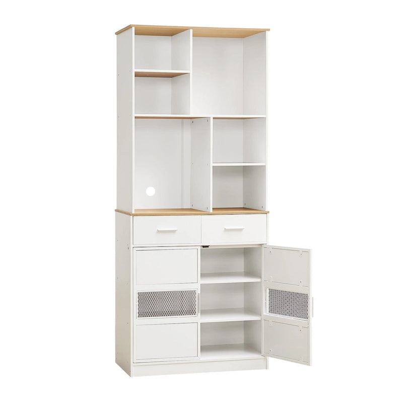 White Kitchen Hutch Cabinet with 2 Drawers & 6 Open Shelves