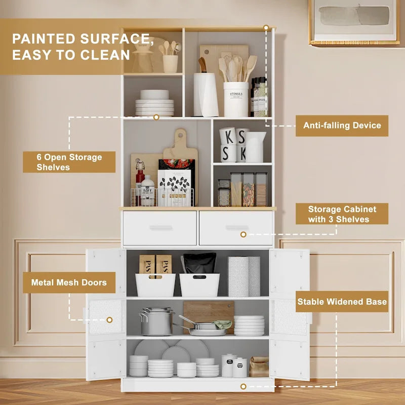White Kitchen Hutch Cabinet with 2 Drawers & 6 Open Shelves