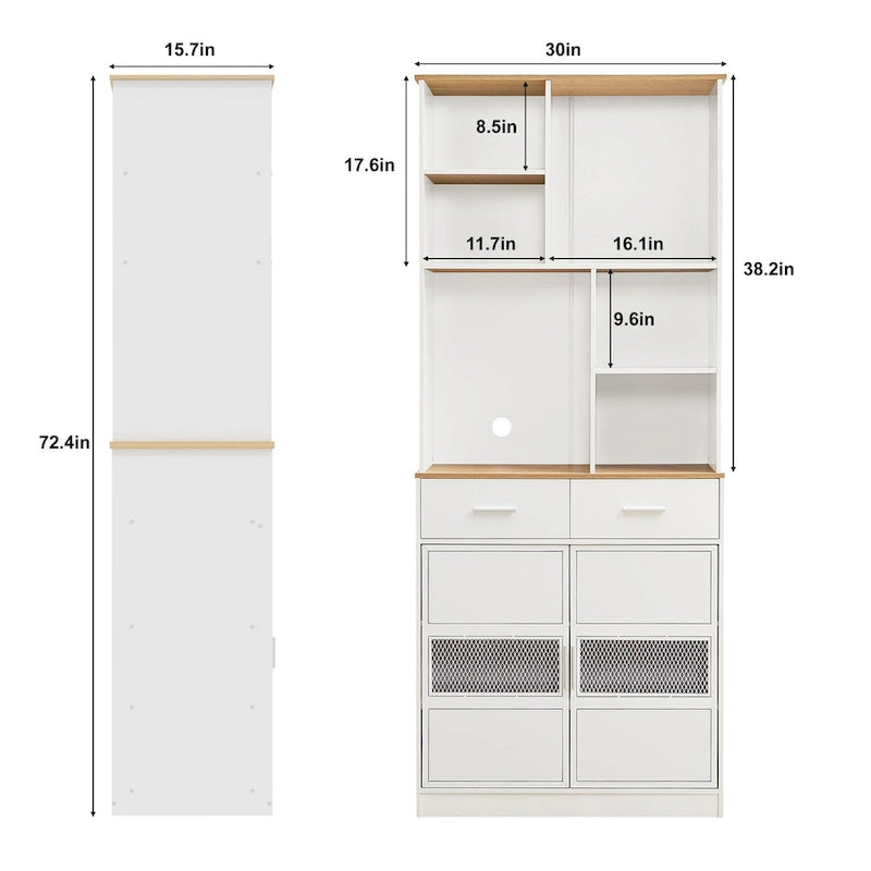 White Kitchen Hutch Cabinet with 2 Drawers & 6 Open Shelves