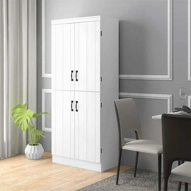 White 4-Door Kitchen Pantry Cabinet, 6-Tier Shelving