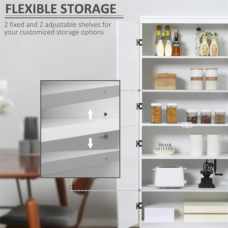White 4-Door Kitchen Pantry Cabinet, 6-Tier Shelving
