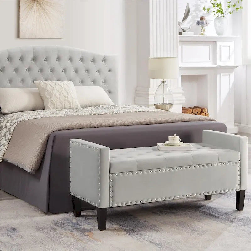 Black / Gray / Beige / Navy Velvet Tufted Storage Bench with Nailhead Trim, Single