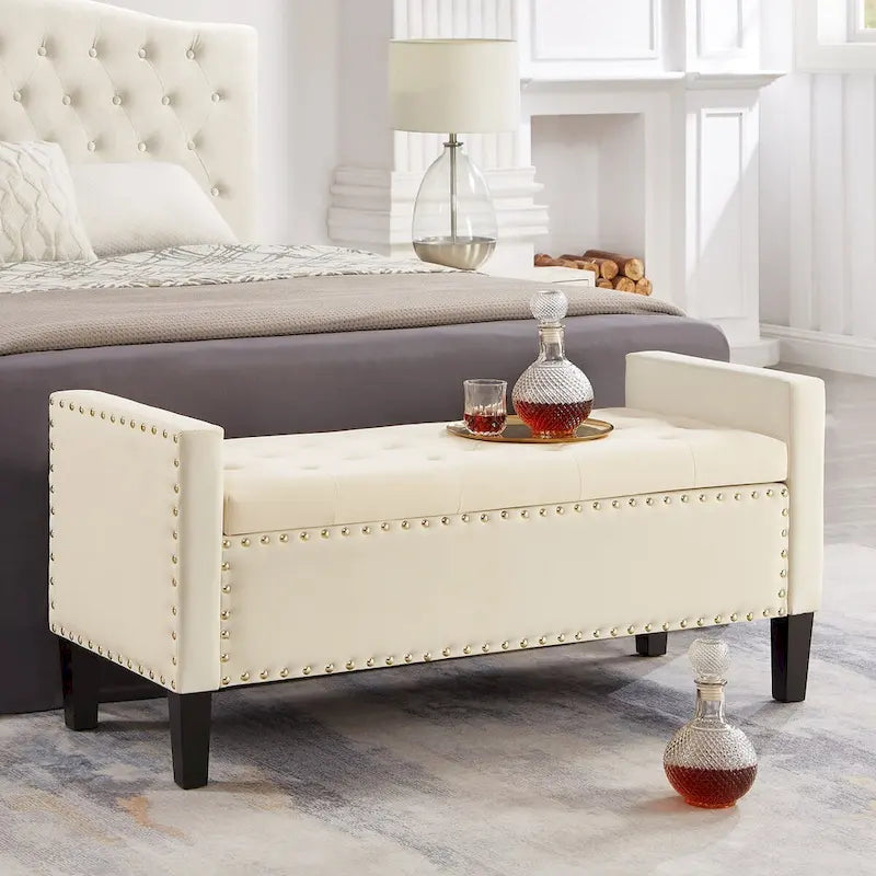 Black / Gray / Beige / Navy Velvet Tufted Storage Bench with Nailhead Trim, Single