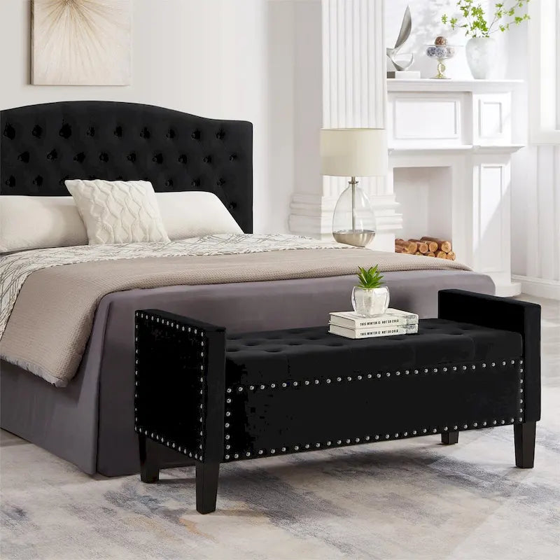 Black / Gray / Beige / Navy Velvet Tufted Storage Bench with Nailhead Trim, Single