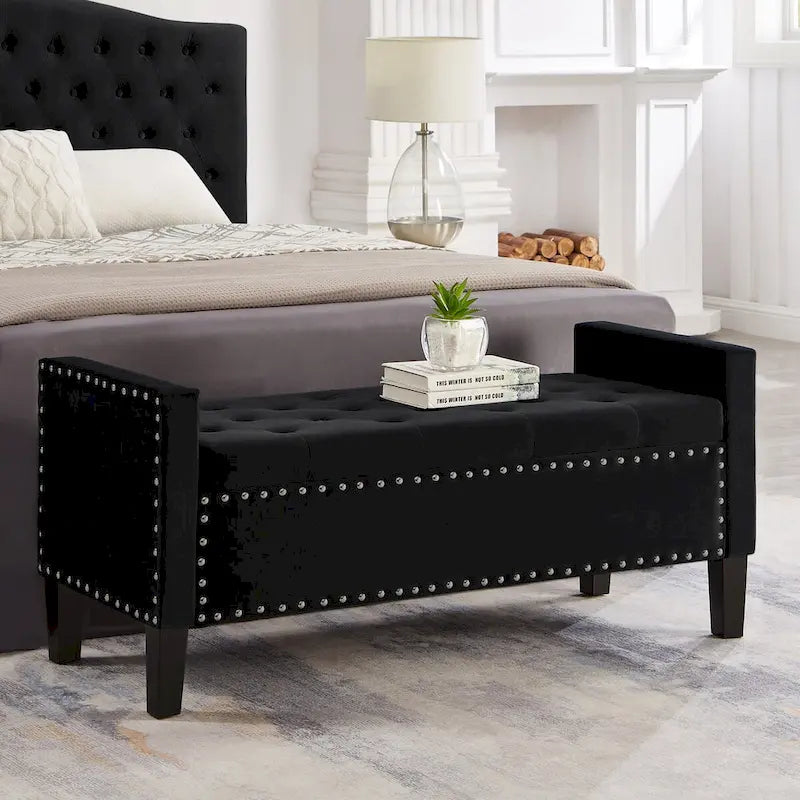 Black / Gray / Beige / Navy Velvet Tufted Storage Bench with Nailhead Trim, Single