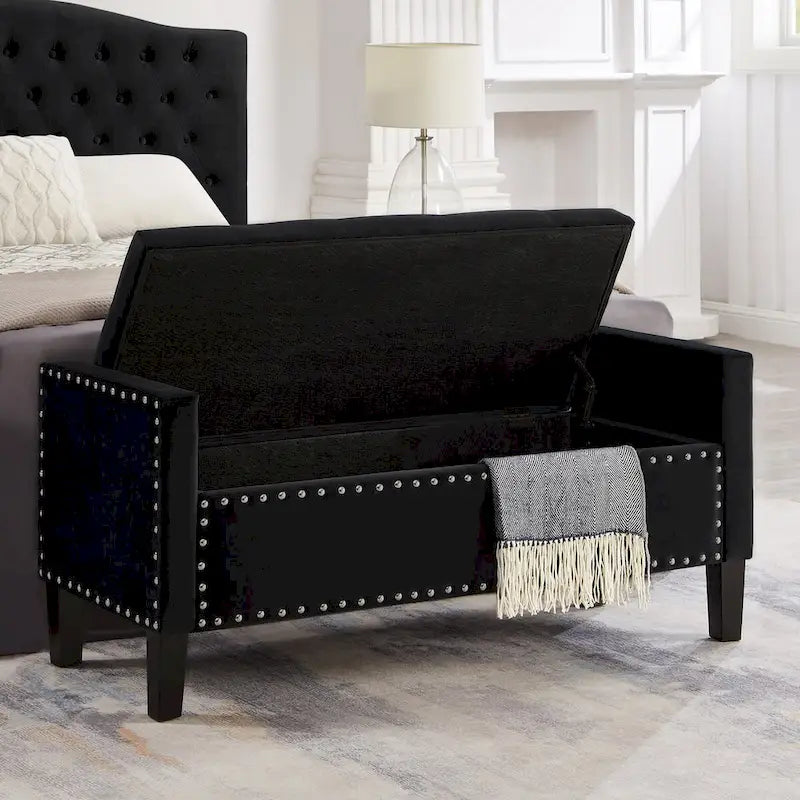 Black / Gray / Beige / Navy Velvet Tufted Storage Bench with Nailhead Trim, Single