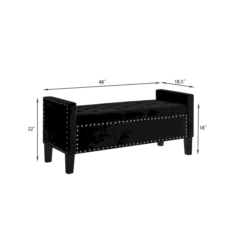 Black / Gray / Beige / Navy Velvet Tufted Storage Bench with Nailhead Trim, Single
