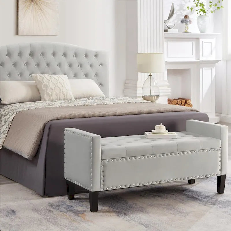Black / Gray / Beige / Navy Velvet Tufted Storage Bench with Nailhead Trim, Single