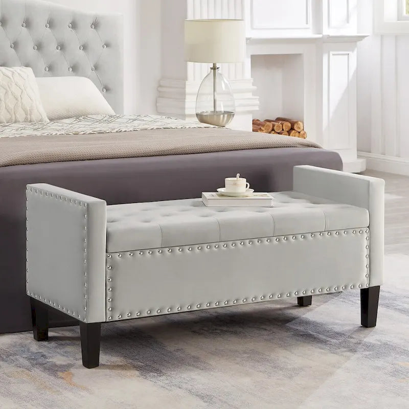 Black / Gray / Beige / Navy Velvet Tufted Storage Bench with Nailhead Trim, Single