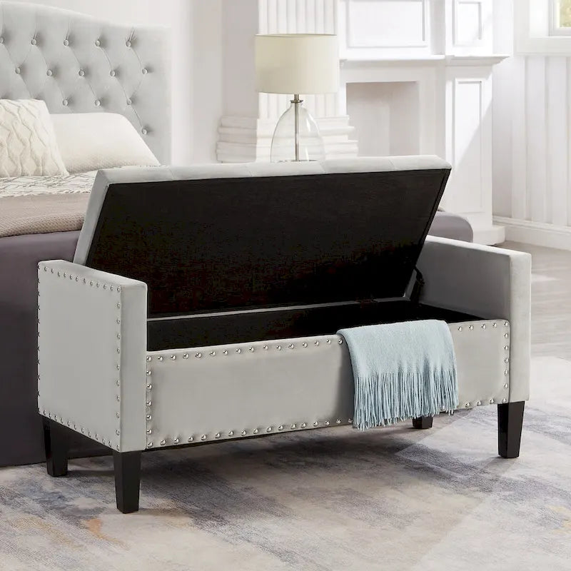 Black / Gray / Beige / Navy Velvet Tufted Storage Bench with Nailhead Trim, Single