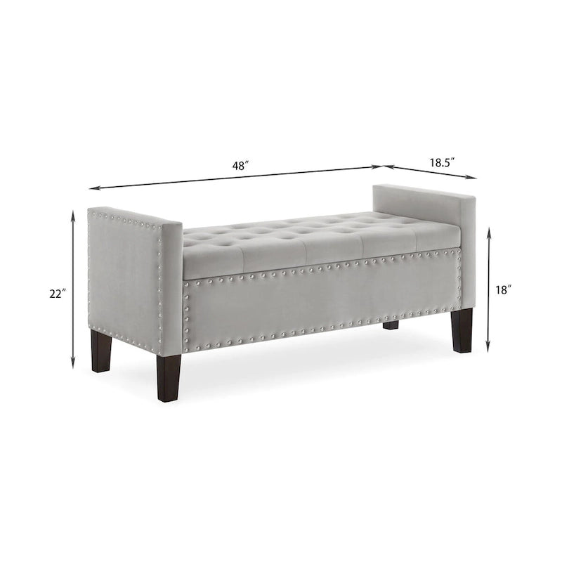 Black / Gray / Beige / Navy Velvet Tufted Storage Bench with Nailhead Trim, Single