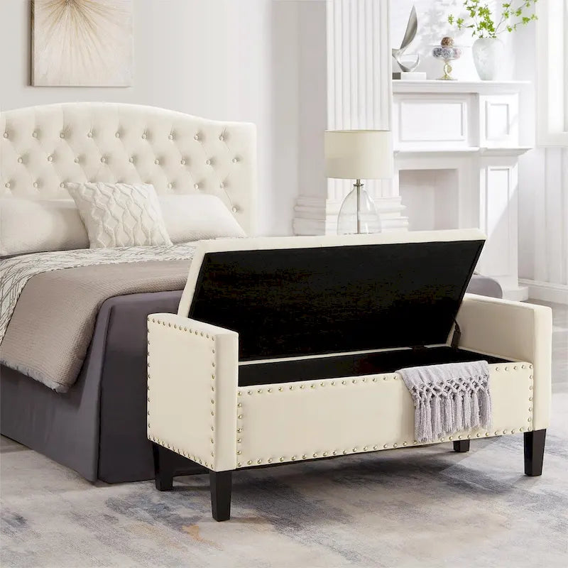 Black / Gray / Beige / Navy Velvet Tufted Storage Bench with Nailhead Trim, Single