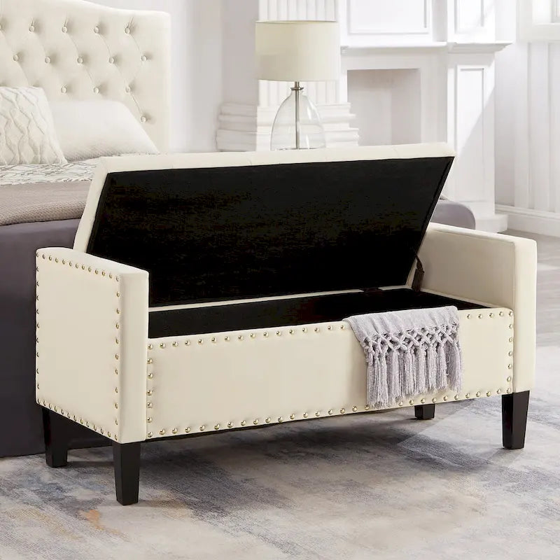 Black / Gray / Beige / Navy Velvet Tufted Storage Bench with Nailhead Trim, Single