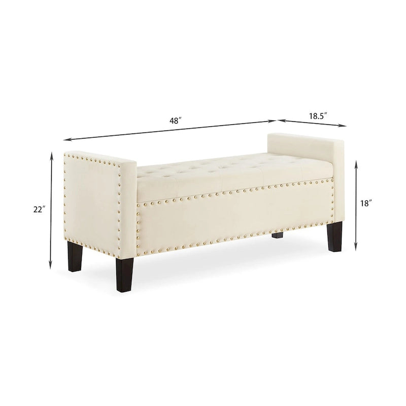 Black / Gray / Beige / Navy Velvet Tufted Storage Bench with Nailhead Trim, Single