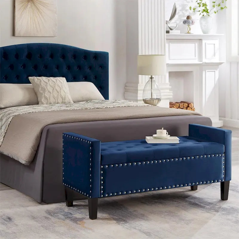 Black / Gray / Beige / Navy Velvet Tufted Storage Bench with Nailhead Trim, Single