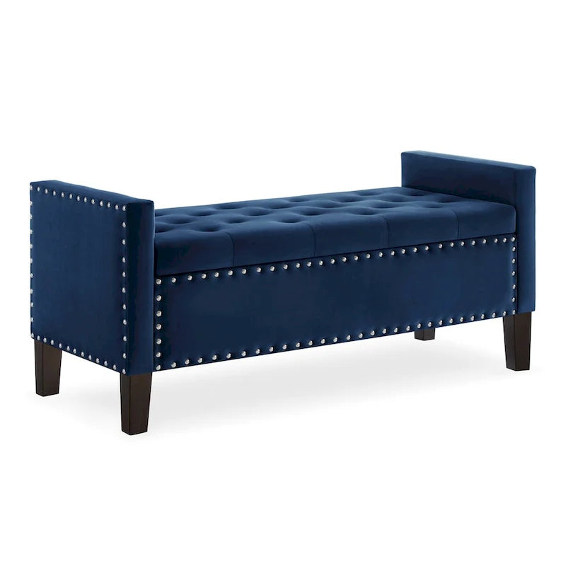 Black / Gray / Beige / Navy Velvet Tufted Storage Bench with Nailhead Trim, Single