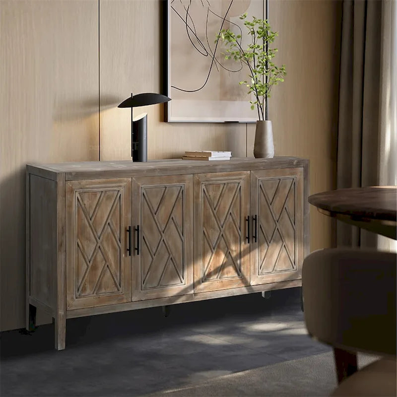 4 Door Wooden Twill Sideboard American Country Vintage Old Living Room