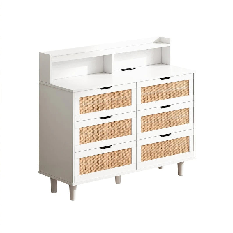 43.316-Drawers Rattan Storage Cabinet Rattan Drawer with LED Lights and Power Outlet,for Bedroom,Living Room