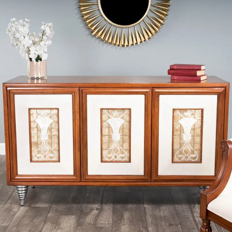 Brown Leather & Capiz Shell Inlay Sideboard with Maple Veneer, Single, Freestanding