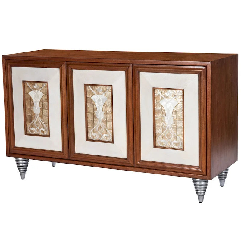 Brown Leather & Capiz Shell Inlay Sideboard with Maple Veneer, Single, Freestanding