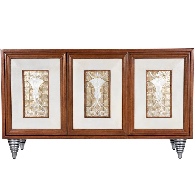 Brown Leather & Capiz Shell Inlay Sideboard with Maple Veneer, Single, Freestanding