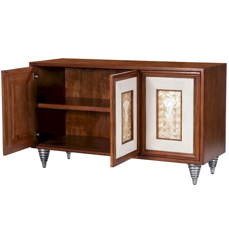 Brown Leather & Capiz Shell Inlay Sideboard with Maple Veneer, Single, Freestanding