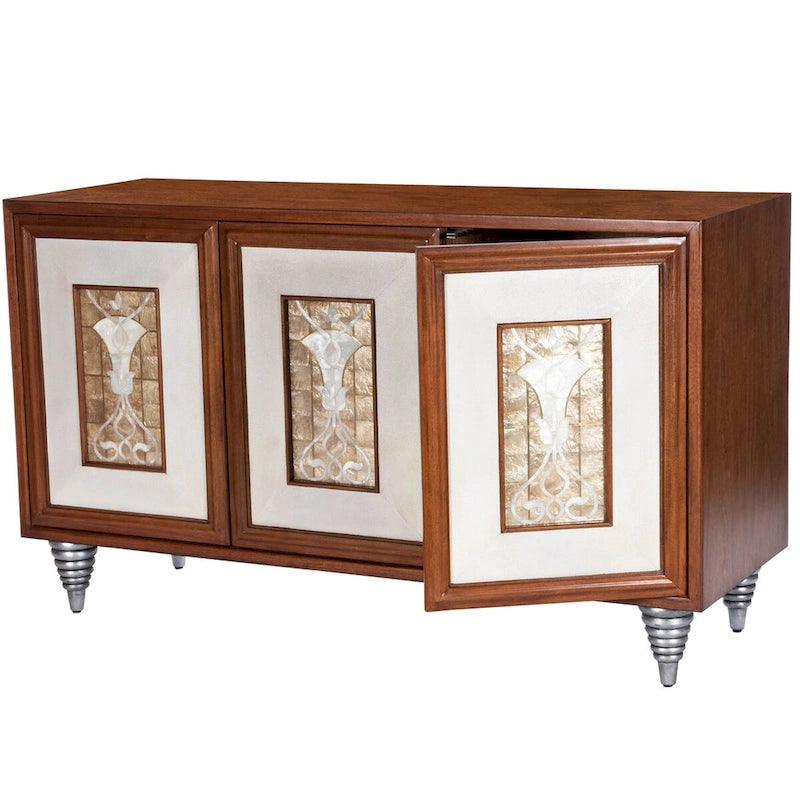 Brown Leather & Capiz Shell Inlay Sideboard with Maple Veneer, Single, Freestanding