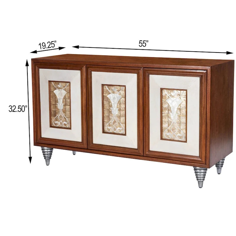 Brown Leather & Capiz Shell Inlay Sideboard with Maple Veneer, Single, Freestanding
