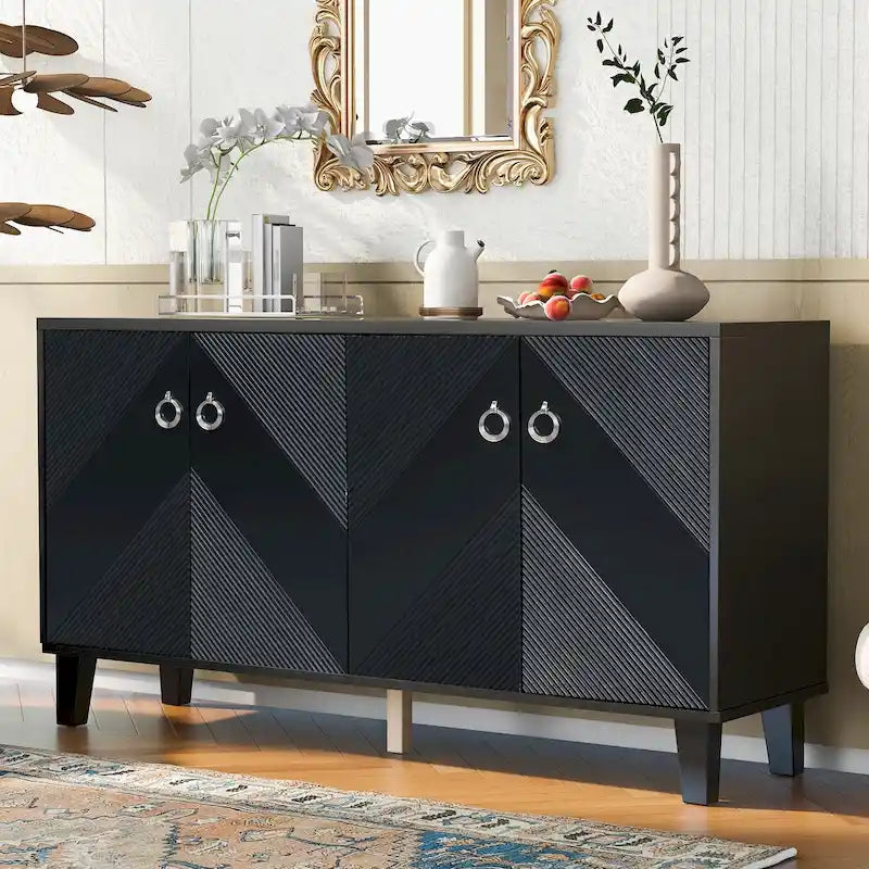 Black / Silver Geometric Pattern Sideboard with Adjustable Shelves, Single, Freestanding