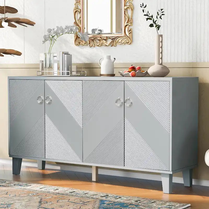 Black / Silver Geometric Pattern Sideboard with Adjustable Shelves, Single, Freestanding