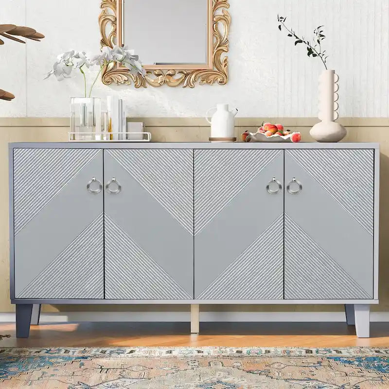 Black / Silver Geometric Pattern Sideboard with Adjustable Shelves, Single, Freestanding