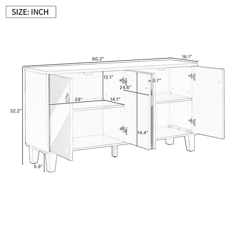 Black / Silver Geometric Pattern Sideboard with Adjustable Shelves, Single, Freestanding