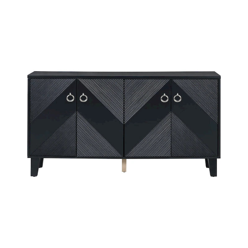 Black / Silver Geometric Pattern Sideboard with Adjustable Shelves, Single, Freestanding