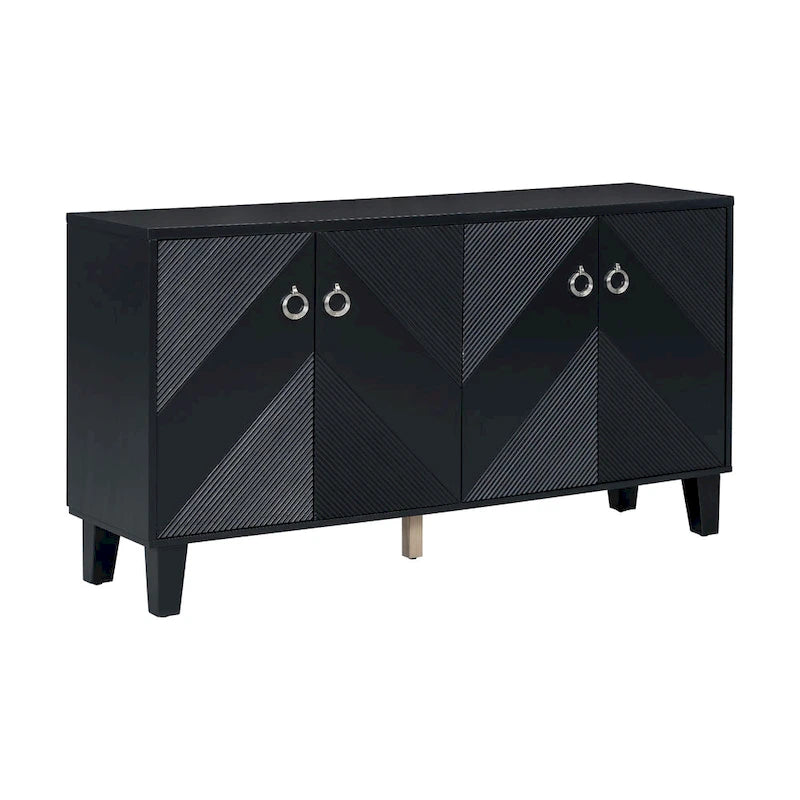 Black / Silver Geometric Pattern Sideboard with Adjustable Shelves, Single, Freestanding