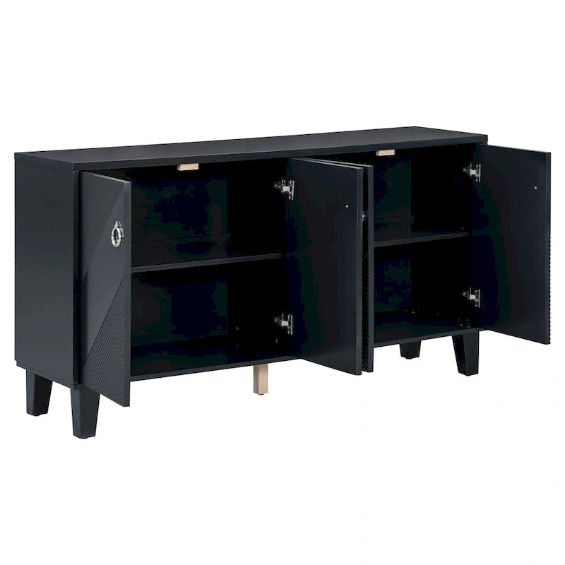 Black / Silver Geometric Pattern Sideboard with Adjustable Shelves, Single, Freestanding