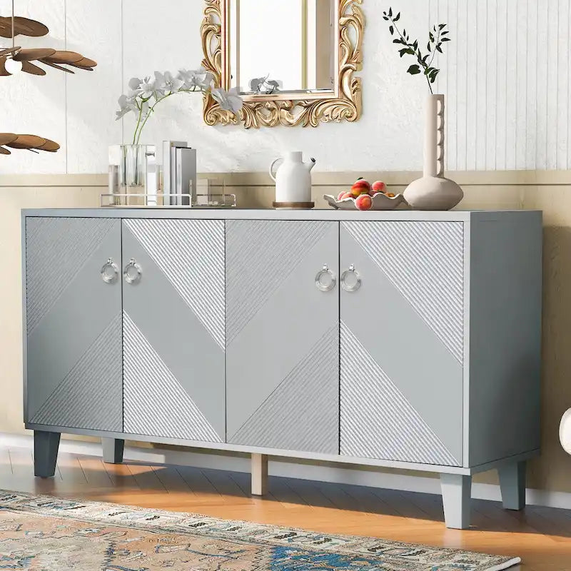 Black / Silver Geometric Pattern Sideboard with Adjustable Shelves, Single, Freestanding