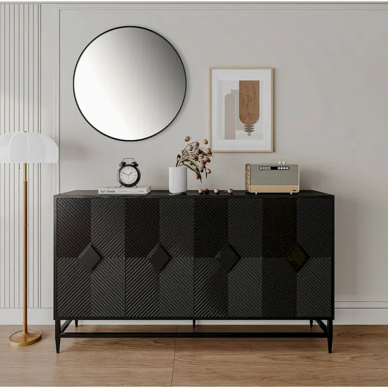 Black 4-Door Fluted Sideboard with Adjustable Shelves