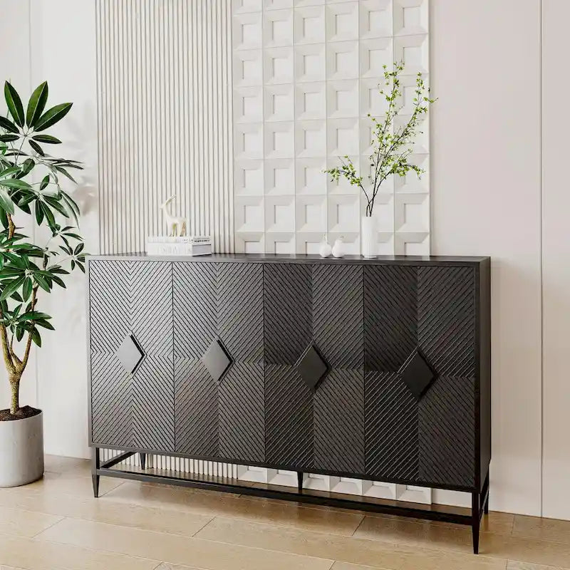 Black 4-Door Fluted Sideboard with Adjustable Shelves