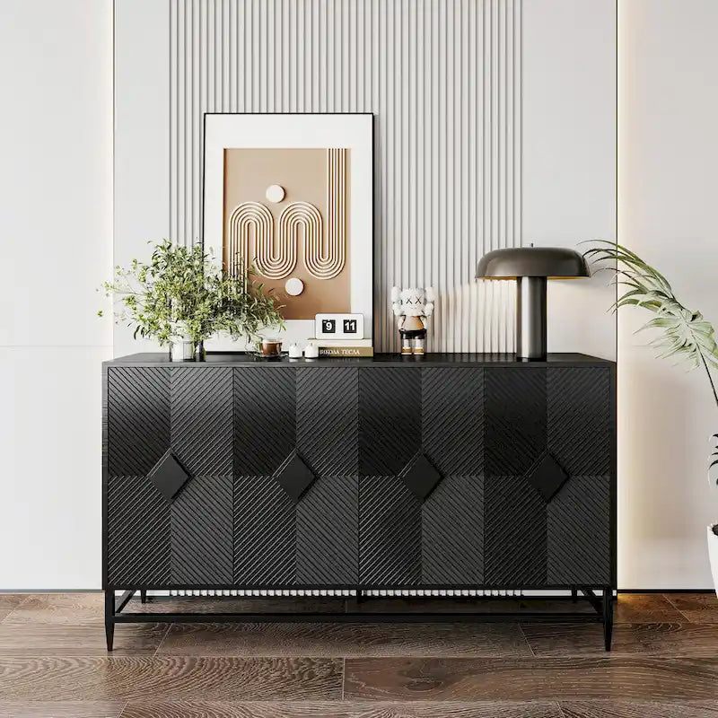 Black 4-Door Fluted Sideboard with Adjustable Shelves