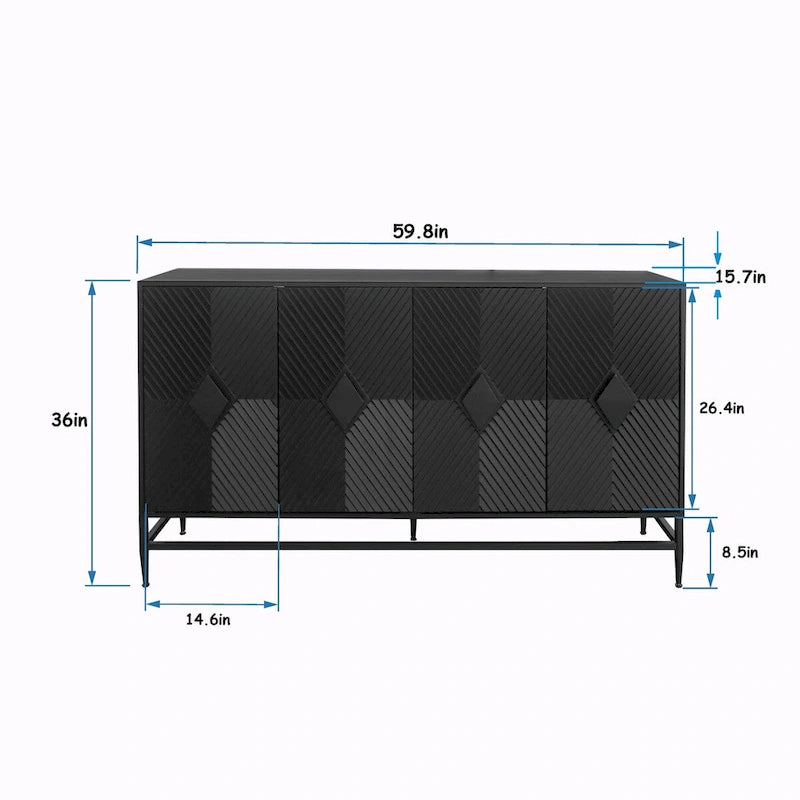 Black 4-Door Fluted Sideboard with Adjustable Shelves