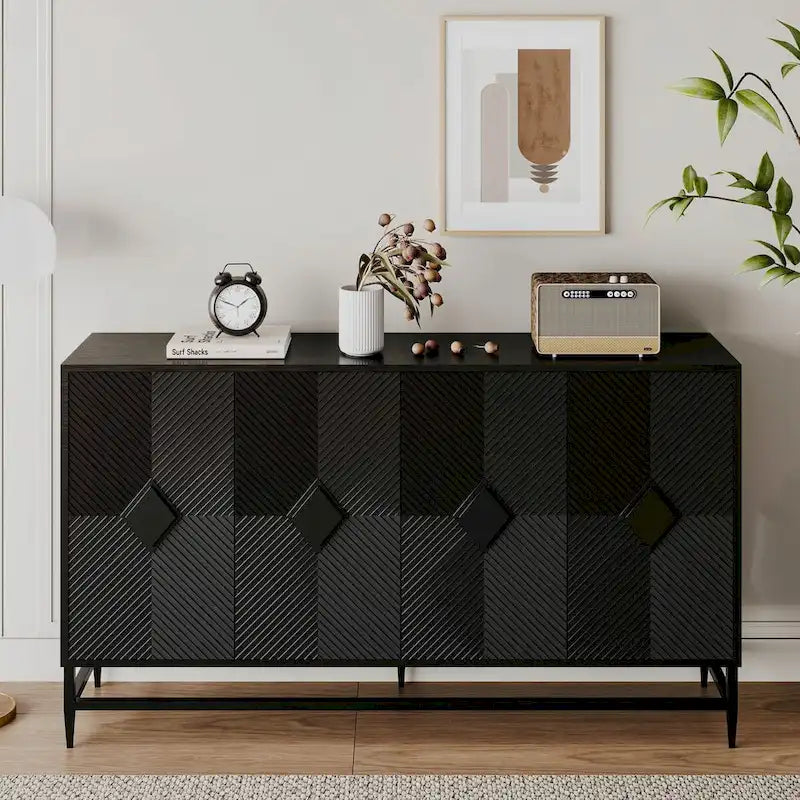 Black 4-Door Fluted Sideboard with Adjustable Shelves