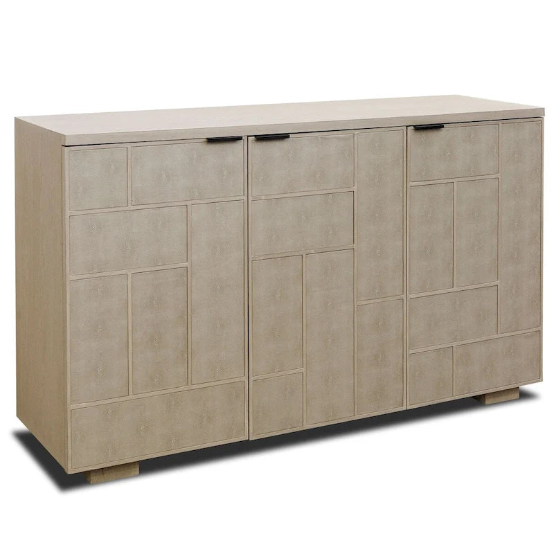 Light Cream 3-Door Shagreen Credenza with Adjustable Shelves