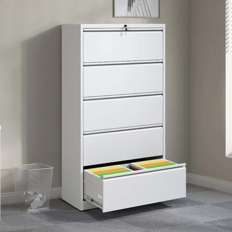 White 5-Drawer Steel Lateral File Cabinet with Lock, Single, Freestanding