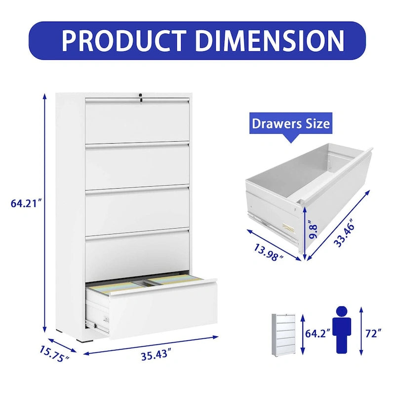 White 5-Drawer Steel Lateral File Cabinet with Lock, Single, Freestanding