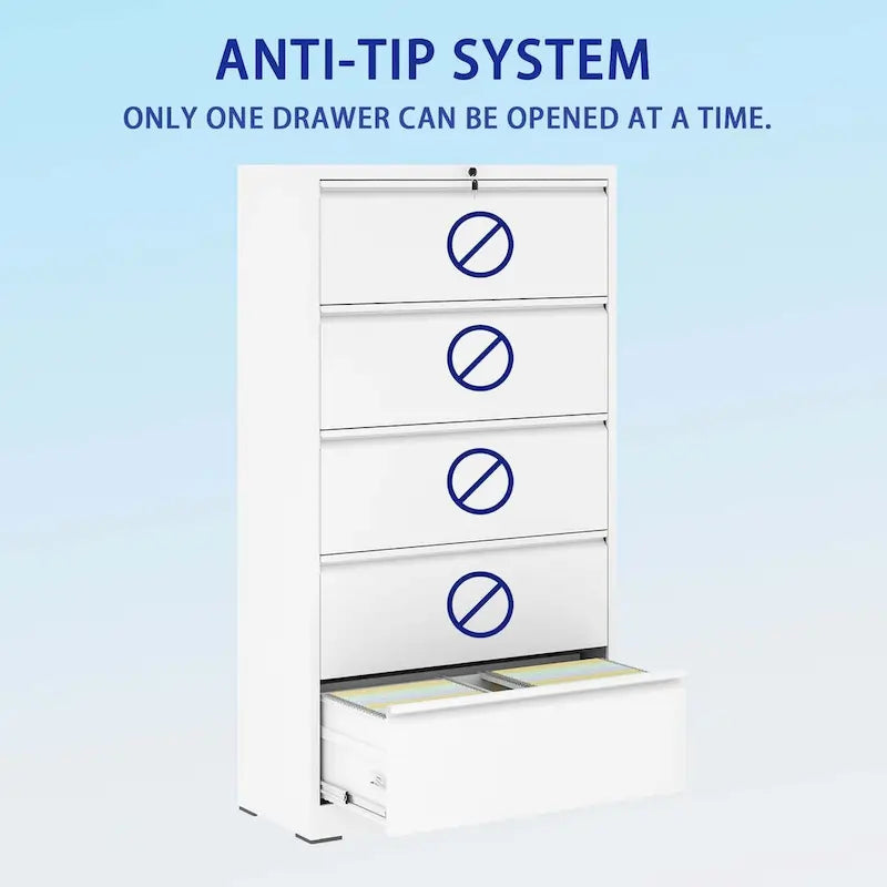 White 5-Drawer Steel Lateral File Cabinet with Lock, Single, Freestanding