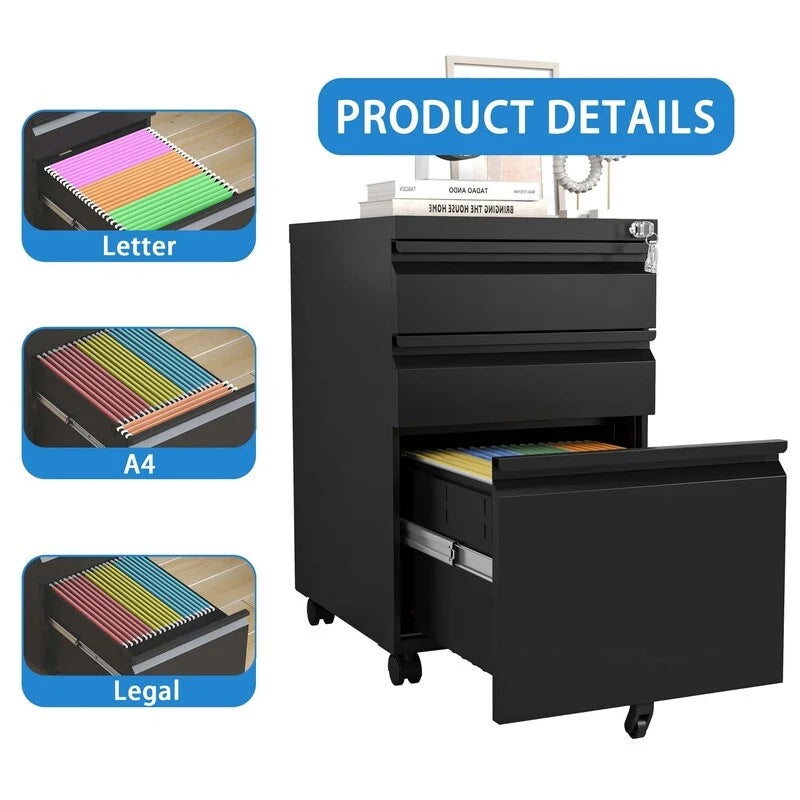 3 Drawer Mobile Metal Filing Cabinets with Lock for Home Office,Letters/Legal/A4