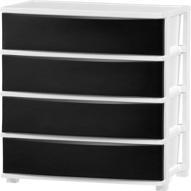 White / Black 4-Drawer Wide Plastic Storage Cart with Swivel Wheels, Single